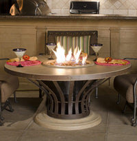 Round Fire Table Built for Social Gatherings, Chat Height Design, GFRC Concrete Base, Bronze Metal Top