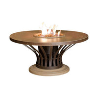 Round Fire Table Built for Social Gatherings, Chat Height Design, GFRC Concrete Base, Bronze Metal Top